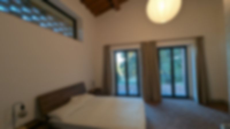 Camera Fattori: letto matrimoniale, porta-finestra sul verde, tetto in legno a vista