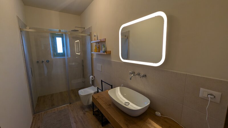 Camera Flaminia: bagno privato en-suite con doccia e specchio retroilluminato